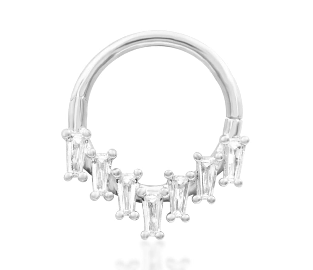 Junipurr 16g hinge segment ring in solid 14k white gold, suitable for daith and septum piercings, with precision hinge for secure fit.