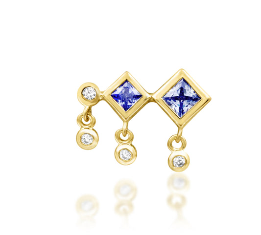 Close-up of Junipurr Adimu Helix Earring in 14k Yellow Gold with Tanzanite CZ, 11.5mm x 8.8mm, perfect for helix, lobe, or conch piercings.