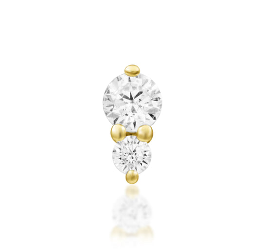 Junipurr Aman Threadless End in 14K yellow gold, featuring two sparkling cubic zirconia stones in a 3mm x 6mm design, suitable for lobe, helix, and conch piercings.