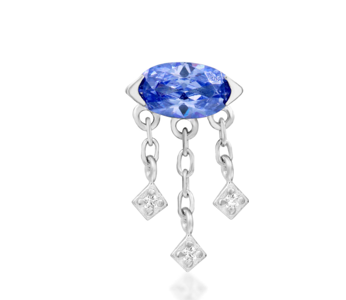 Close-up of Junipurr Amidah Earring in 14k White Gold with Tanzanite CZ, 6.2mm x 10mm, ideal for helix, lobe, or conch piercings.