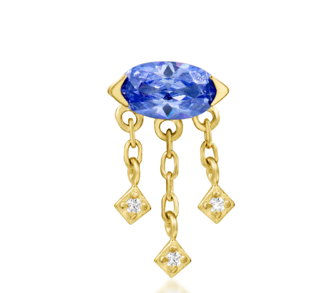 Close-up of Junipurr Amidah Earring in 14k Yellow Gold with Tanzanite CZ, 6.2mm x 10mm, perfect for helix, lobe, or conch piercings.
