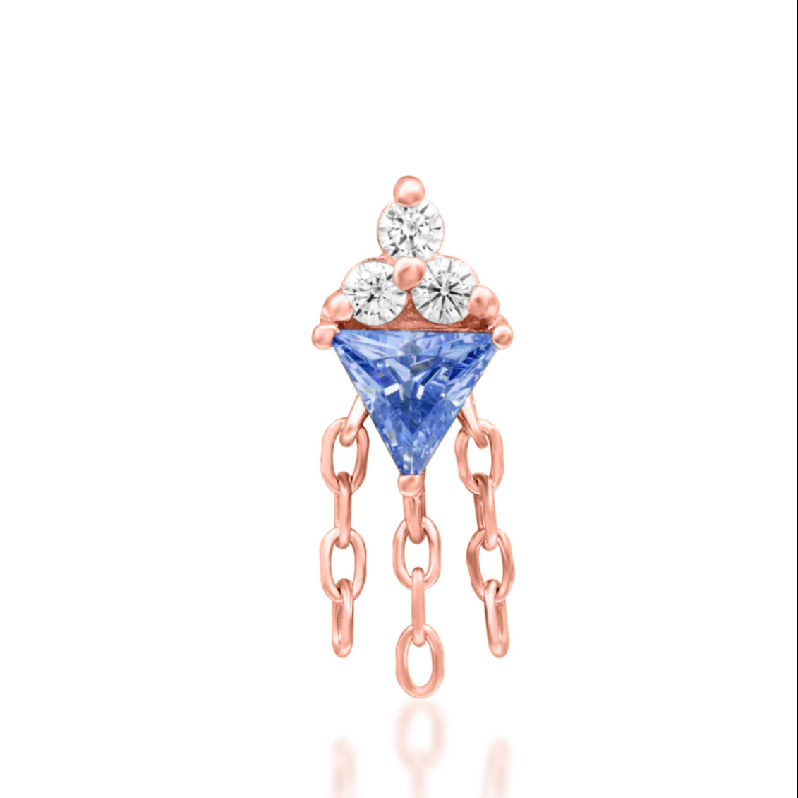 Junipurr Angelis 14k rose gold light tanzanite and CZ threadless end with refined gemstone detailing, front view for curated ear jewellery