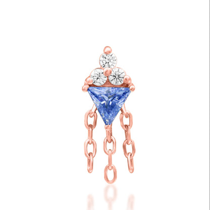 Junipurr Angelis 14k rose gold light tanzanite and CZ threadless end with refined gemstone detailing, front view for curated ear jewellery