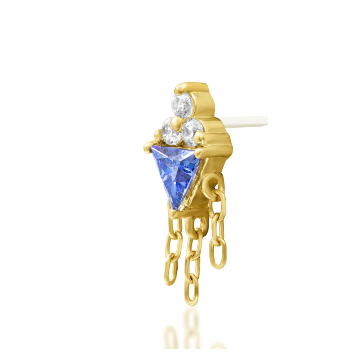 Junipurr Angelis 14k yellow gold tanzanite and cubic zirconia threadless end angled view with elegant gemstone sparkle for curated ear styling