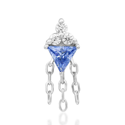 Junipurr Angelis Threadless End in 14K white gold with a radiant tanzanite CZ, ideal for lobe, helix, and tragus piercings.
