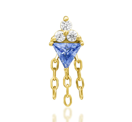 Junipurr Angelis Threadless End in 14K yellow gold featuring a dazzling tanzanite CZ, perfect for lobe, helix, and tragus piercings.