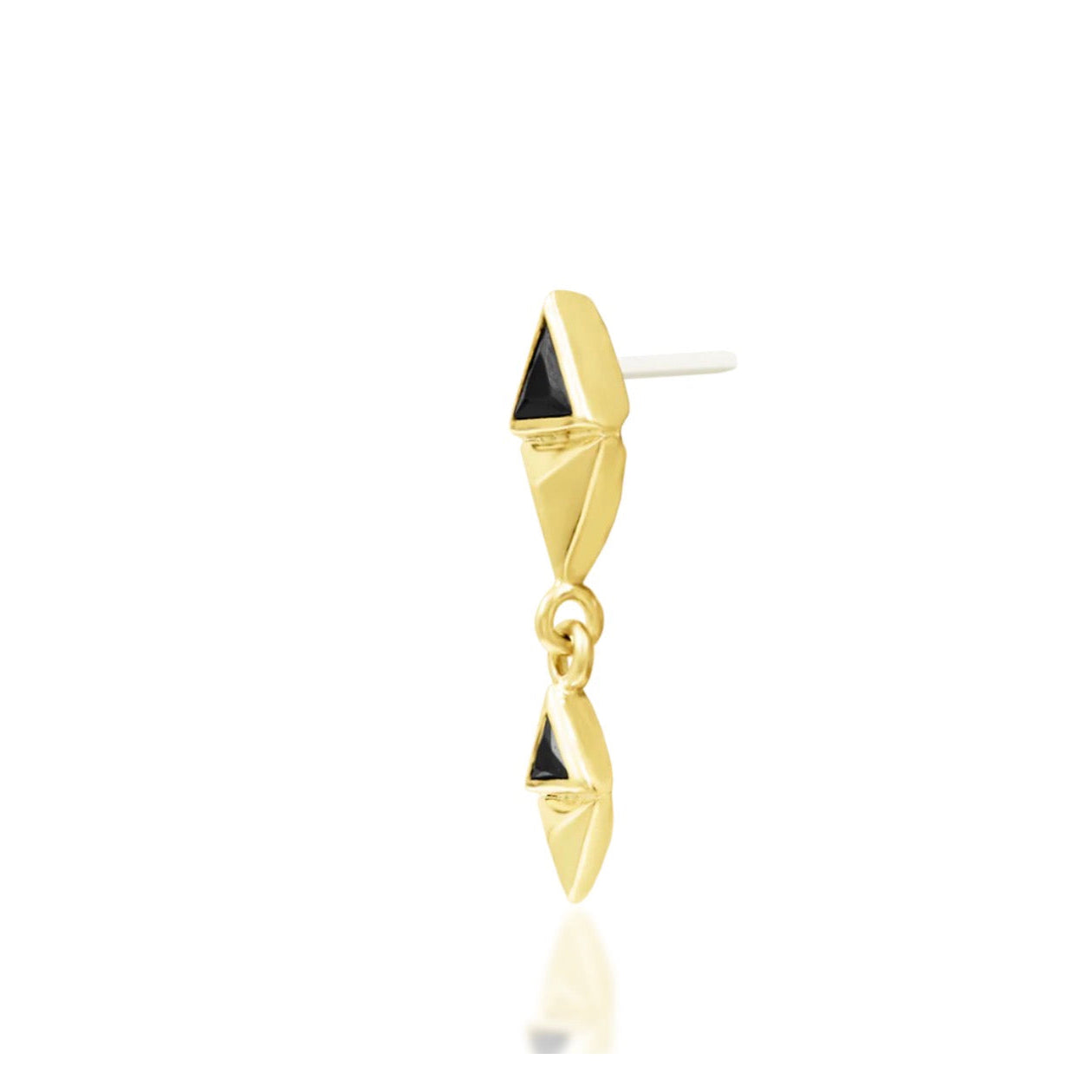 Junipurr Anitha 14k yellow gold black CZ threadless end angled view with elongated statement design for curated ear styling