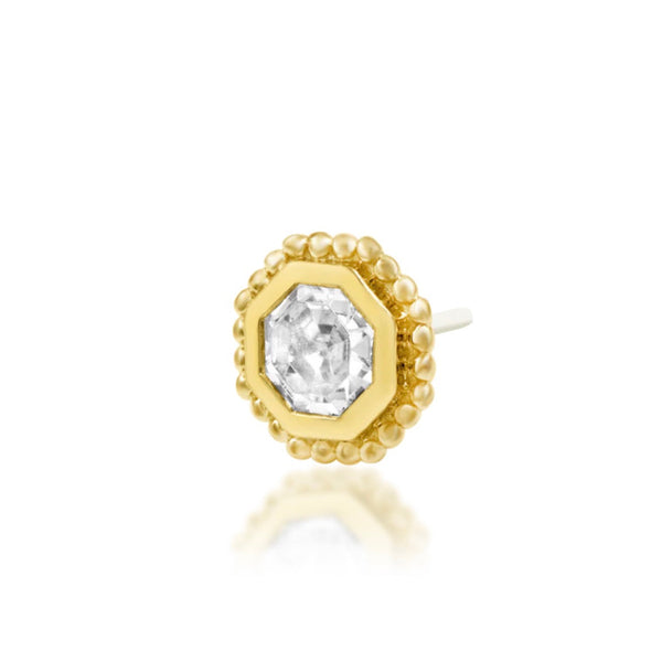 Junipurr Arleth 14k yellow gold octagon white CZ threadless end angled view with intricate beaded styling for curated ears