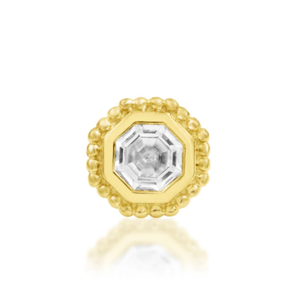 Junipurr Arleth 14k yellow gold white CZ threadless end with royal beaded octagon detailing, front view for helix and lobe piercing jewellery