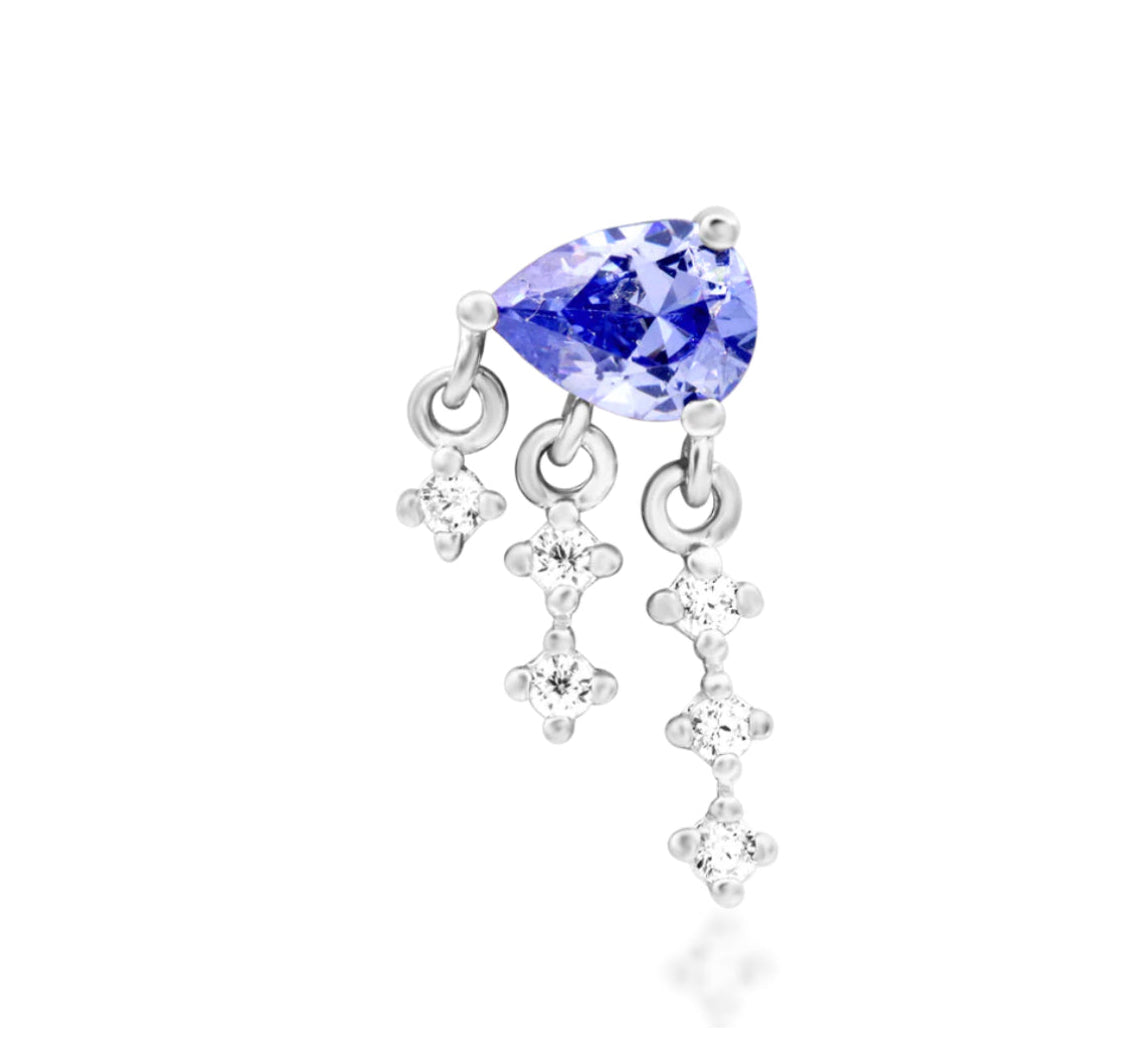 Close-up of Junipurr Asha Earring in 14k White Gold with Tanzanite CZ, 5.5mm x 11mm, ideal for helix, lobe, or conch piercings.