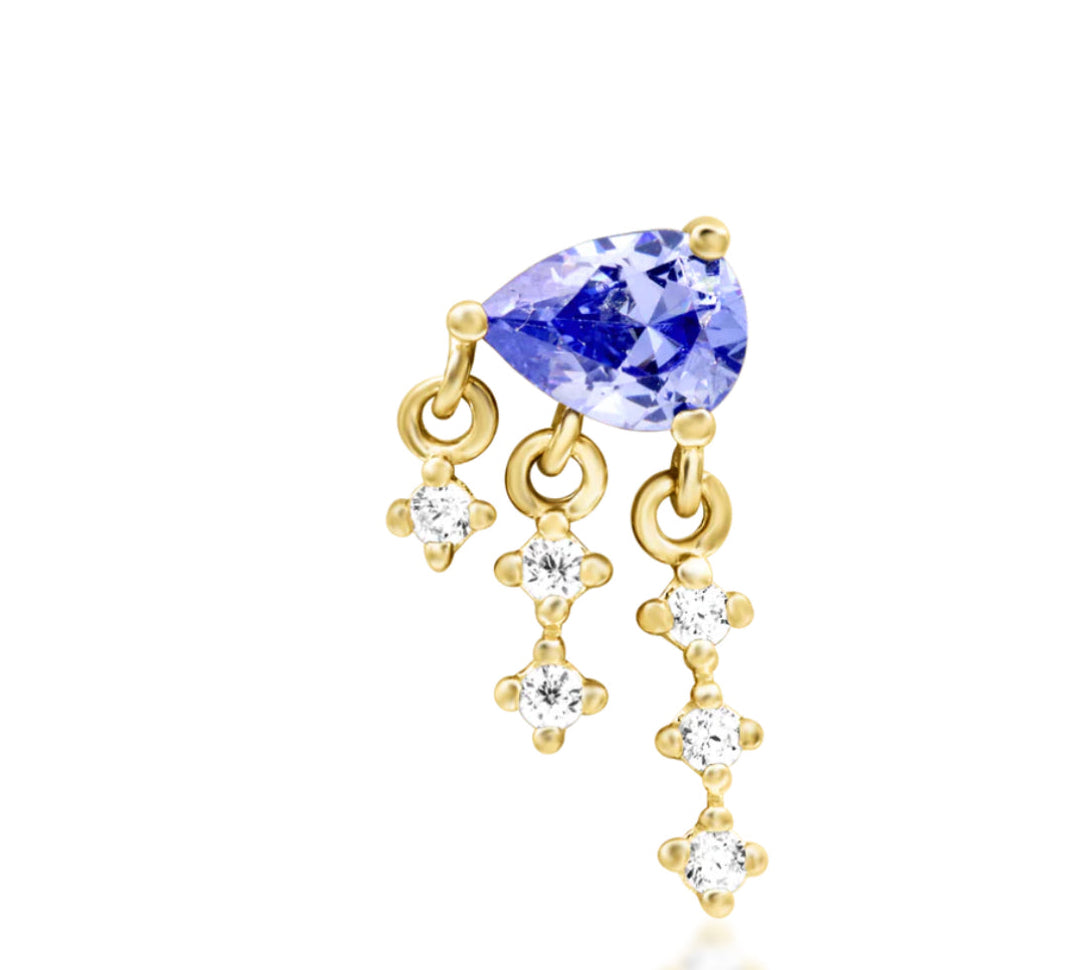Close-up of Junipurr Asha Earring in 14k Yellow Gold with Tanzanite CZ, 5.5mm x 11mm, perfect for helix, lobe, or conch piercings.