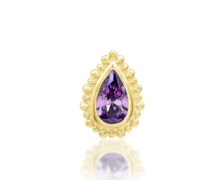 14k gold threadless end earring with pear-cut synthetic amethyst CZ and beaded detailing