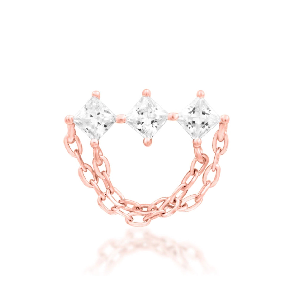 Junipurr Azriel 14k rose gold CZ chain threadless end with cascading cubic zirconia, front view for curated ear jewellery
