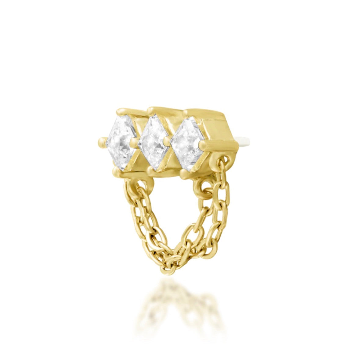 Junipurr Azriel 14k yellow gold cubic zirconia chain threadless end angled view with elegant movement for curated ear styling