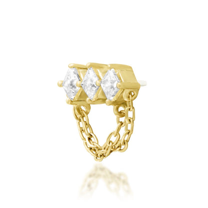 Junipurr Azriel 14k yellow gold cubic zirconia chain threadless end angled view with elegant movement for curated ear styling