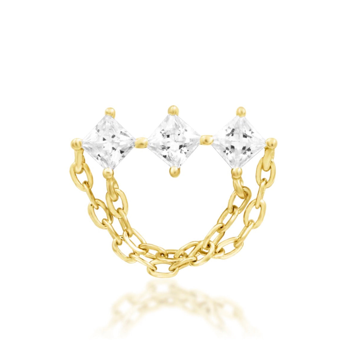Junipurr Azriel 14k yellow gold CZ chain threadless end with cascading cubic zirconia detailing, front view for helix and conch piercing jewellery