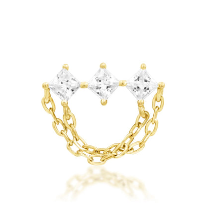 Junipurr Azriel 14k yellow gold CZ chain threadless end with cascading cubic zirconia detailing, front view for helix and conch piercing jewellery