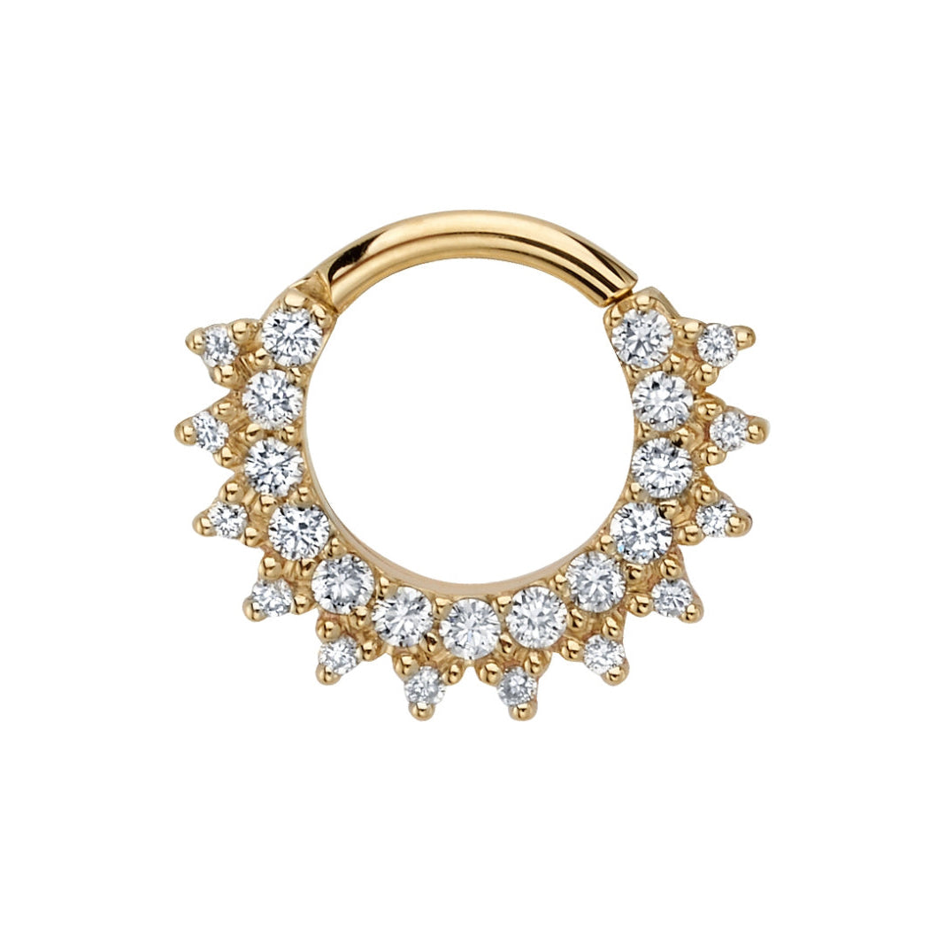 Angled view of Junipurr BVLA Gem Kolo Clicker in yellow gold with BVLA gem