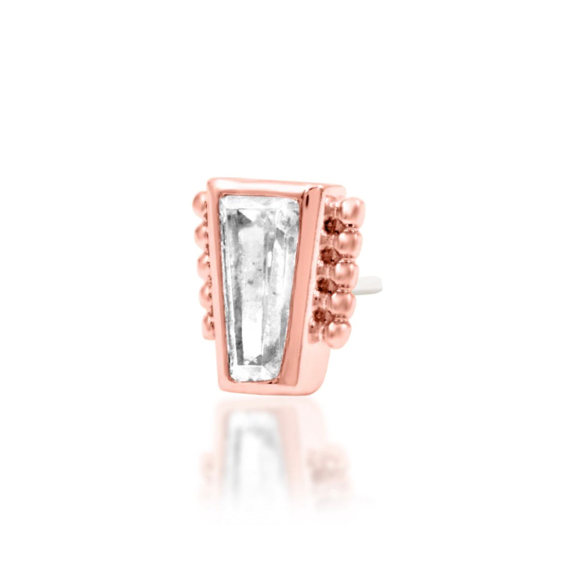 Junipurr Beaded Baguette 14k rose gold baguette CZ threadless end angled view with vintage-inspired texture detailing