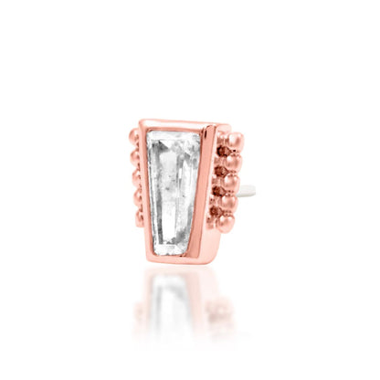 Junipurr Beaded Baguette 14k rose gold baguette CZ threadless end angled view with vintage-inspired texture detailing