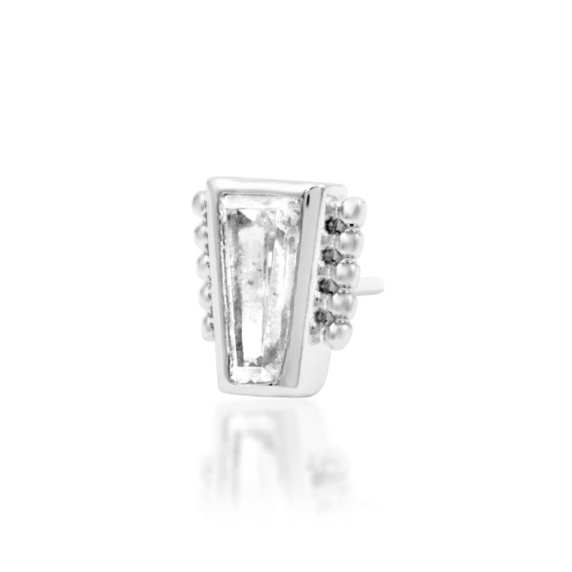 Junipurr Beaded Baguette 14k white gold baguette CZ threadless end angled view for helix jewellery styling