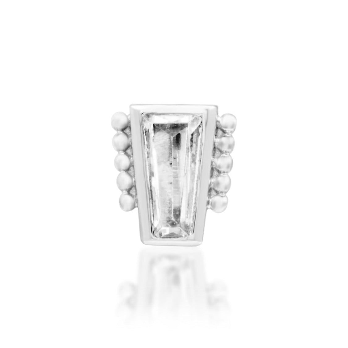 Junipurr Beaded Baguette 14k white gold threadless end with baguette cubic zirconia and beaded detailing, front view for luxury piercing styling