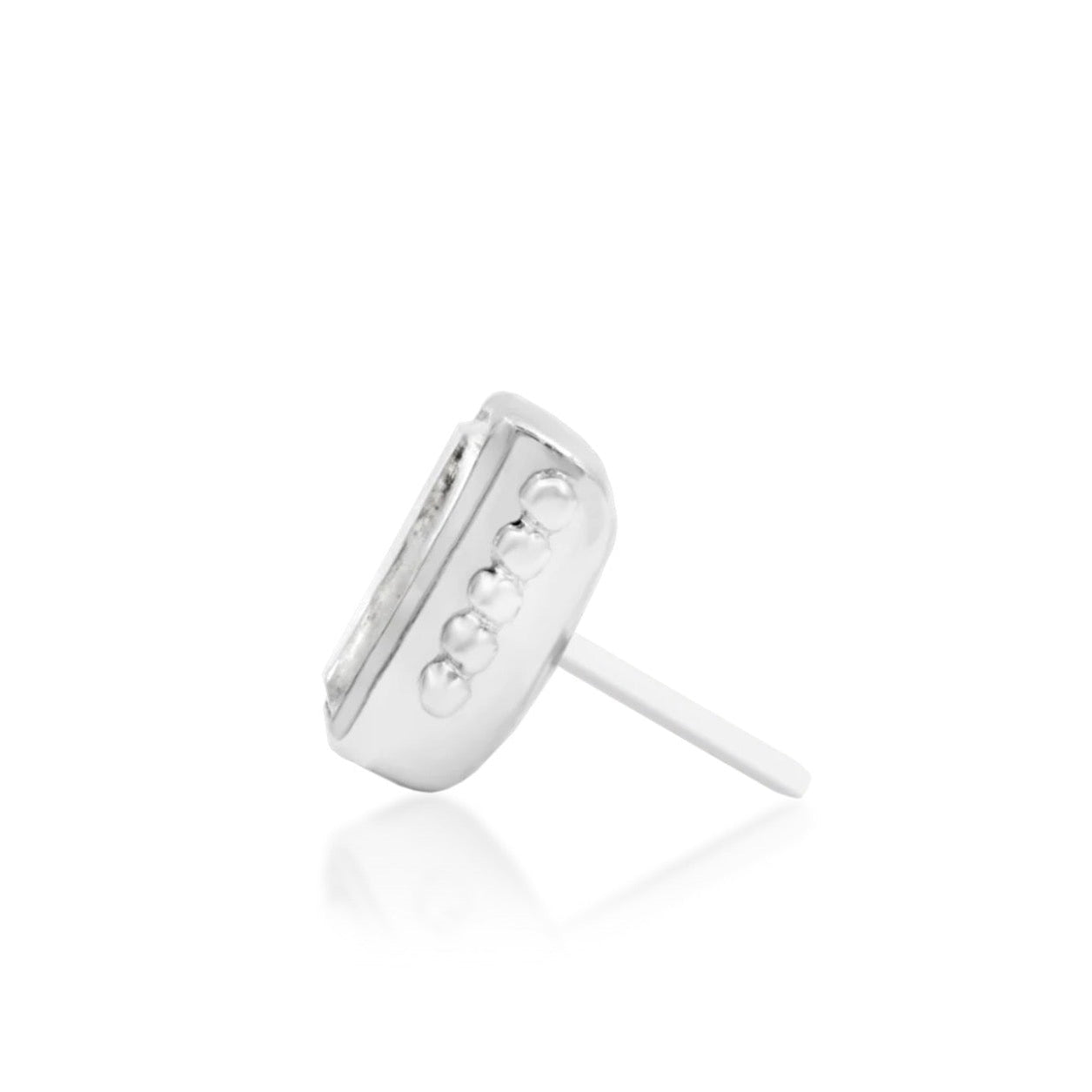 Side profile of Junipurr Beaded Baguette 14k white gold threadless end with ornate geometric detailing