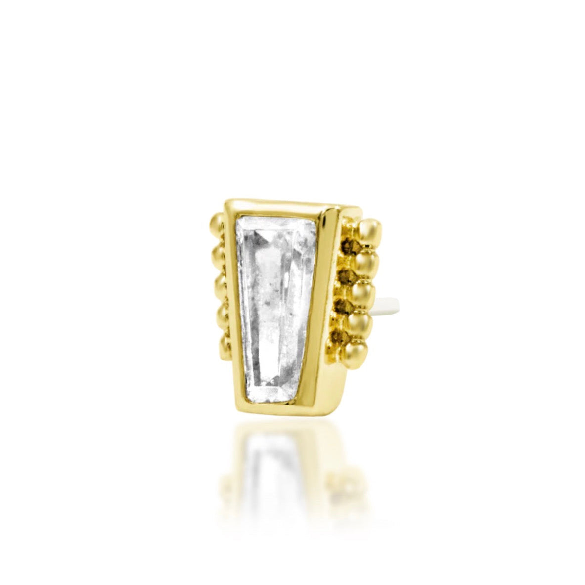 Junipurr Beaded Baguette 14k yellow gold baguette CZ threadless end angled view with ornate beaded texture for curated ear styling