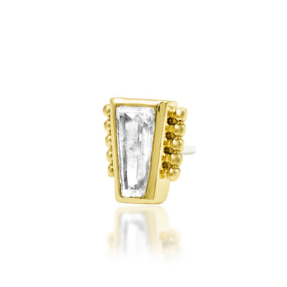 Junipurr Beaded Baguette 14k yellow gold baguette CZ threadless end angled view with ornate beaded texture for curated ear styling