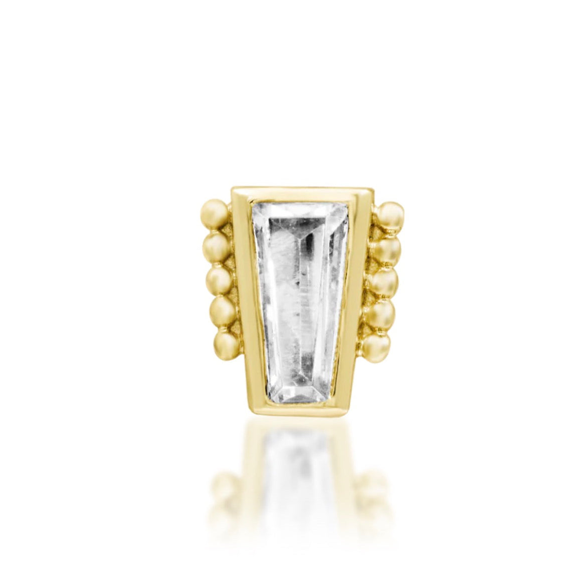 Junipurr Beaded Baguette 14k yellow gold threadless end with baguette cubic zirconia and intricate beaded detailing, front view for helix and conch piercing jewellery