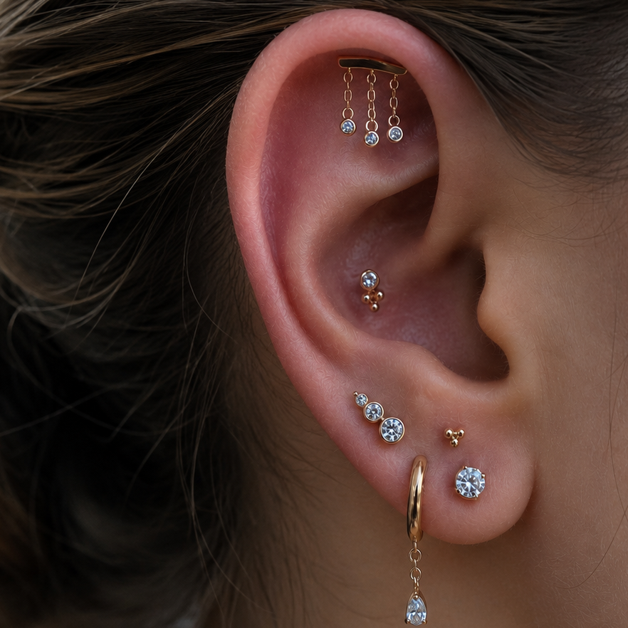 Curated ear with multiple piercings