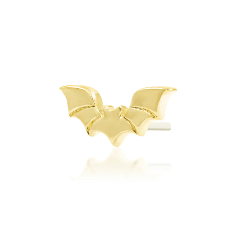 Angled view of Junipurr Bruce solid 14k white gold bat threadless decorative end with gothic styling