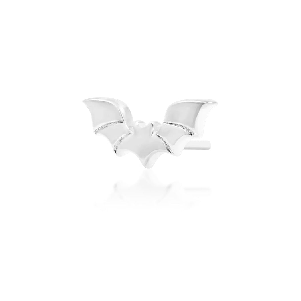 Angled view of Junipurr Bruce solid 14k yellow gold bat threadless decorative end with gothic styling