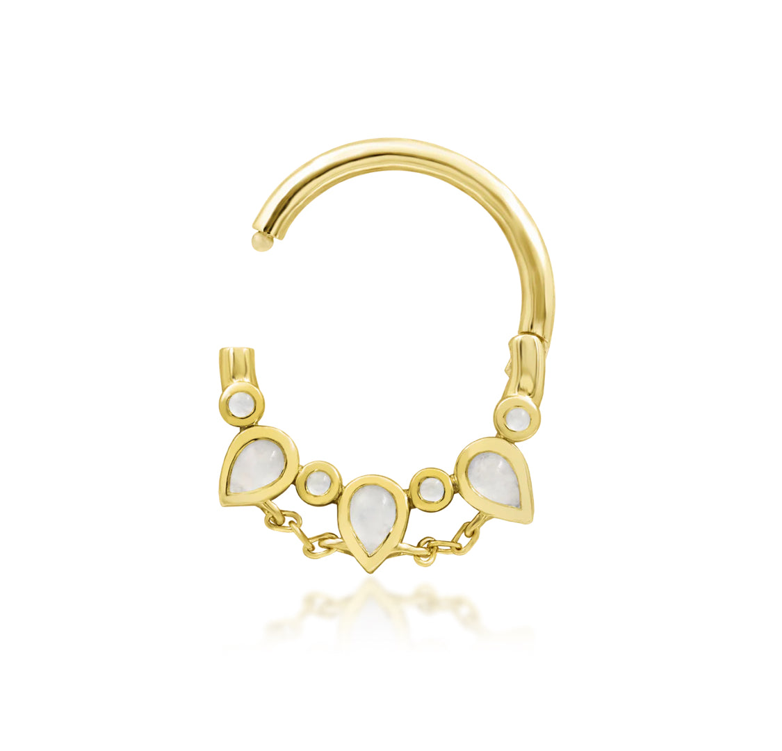 side profile of junipurr catalina moonstone clicker ring highlighting hinge mechanism and smooth circular form
