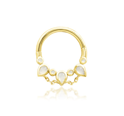 angled perspective of junipurr catalina moonstone clicker ring showing smooth hinge design