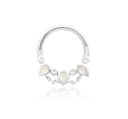 front studio shot of junipurr jewellery catalina moonstone clicker ring in white gold
