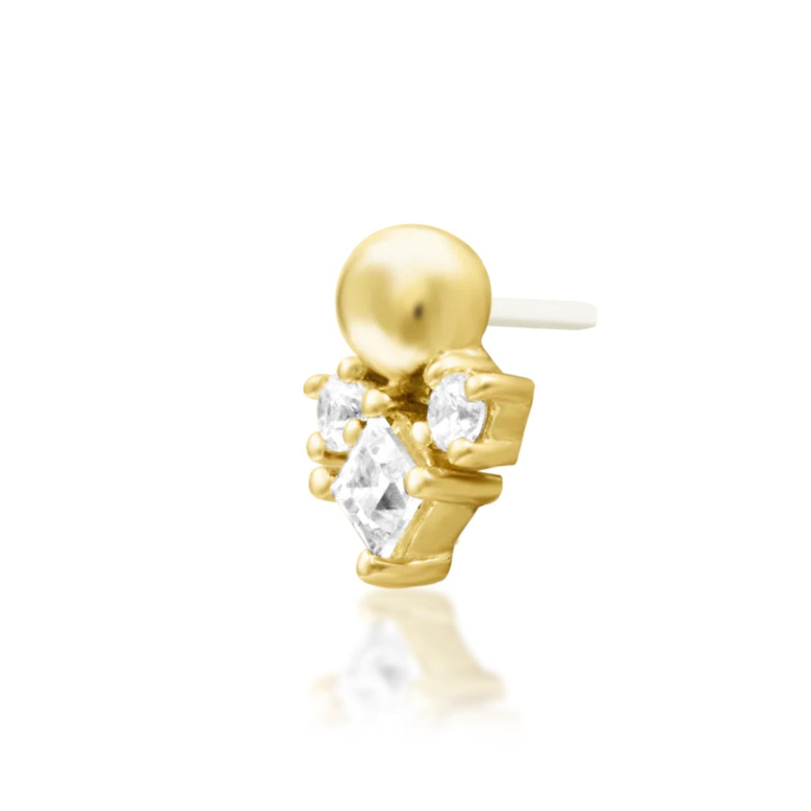 Junipurr Celest 14k yellow gold white cubic zirconia threadless end angled view with refined modern styling for curated ears