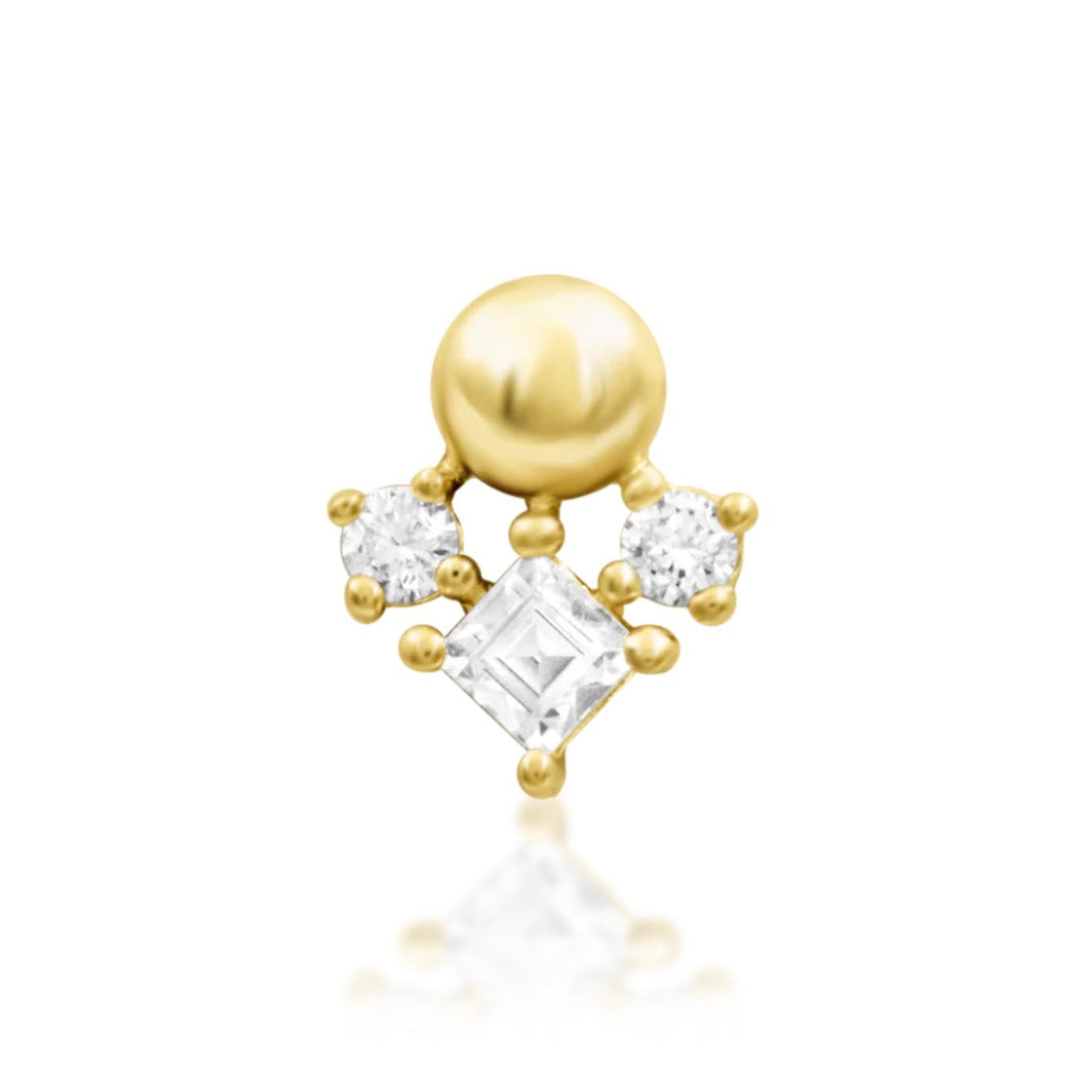 Junipurr Celest 14k yellow gold white CZ threadless end with sleek geometric detailing, front view for helix and lobe piercing jewellery