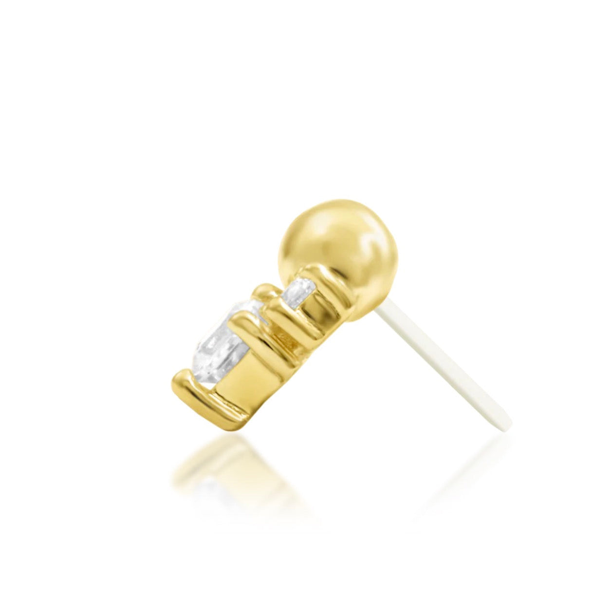 Side profile of Junipurr Celest 14k yellow gold threadless end with elegant gemstone structure