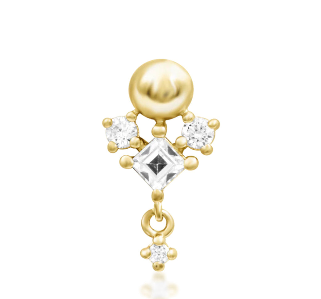 Junipurr Celesta Flat Helix Dangle Threadless End in solid 14K yellow gold featuring shimmering White CZ gemstones – front view.