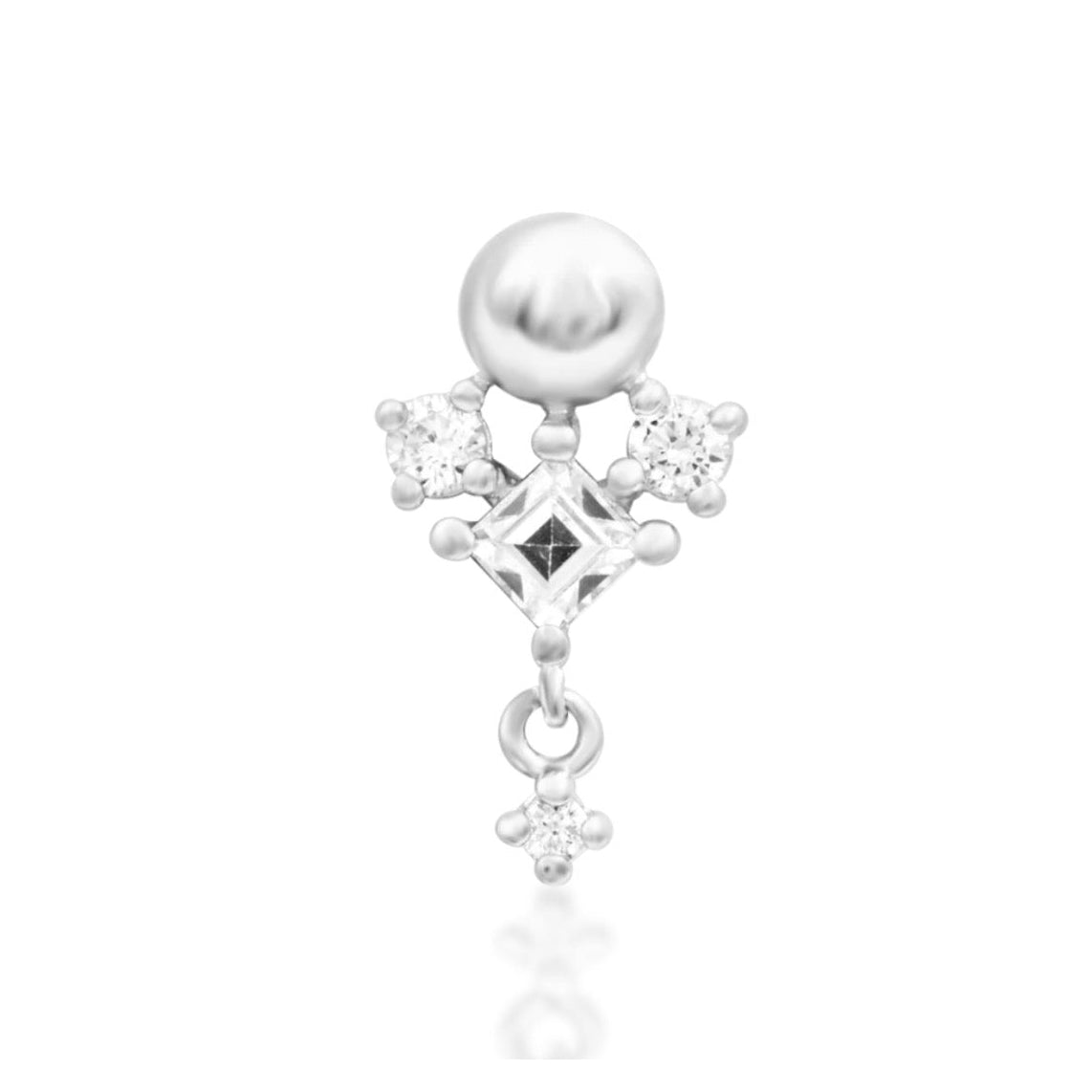 Junipurr Celesta 14k white gold white CZ threadless end with celestial-inspired gemstone detailing, front view for luxury piercing styling