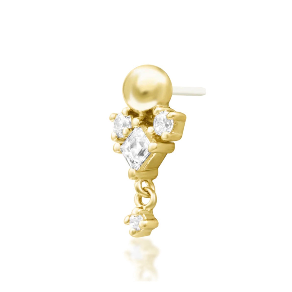 Junipurr Celesta 14k yellow gold white cubic zirconia threadless end angled view with elegant celestial styling for curated ears