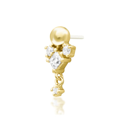 Junipurr Celesta 14k yellow gold white cubic zirconia threadless end angled view with elegant celestial styling for curated ears