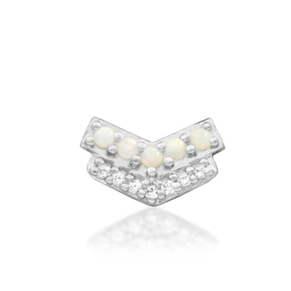 Junipurr Chevry 14k white gold opal and cubic zirconia chevron threadless end, front view for luxury piercing jewellery