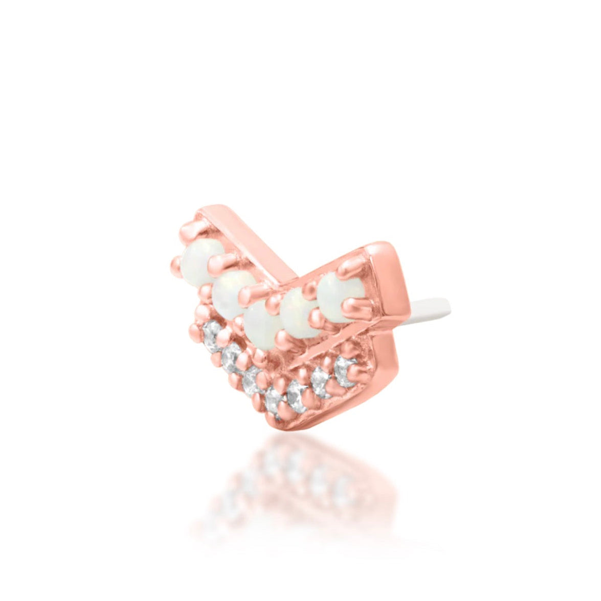 Junipurr Chevry 14k rose gold opal and white CZ threadless end angled view with elegant chevron-inspired styling