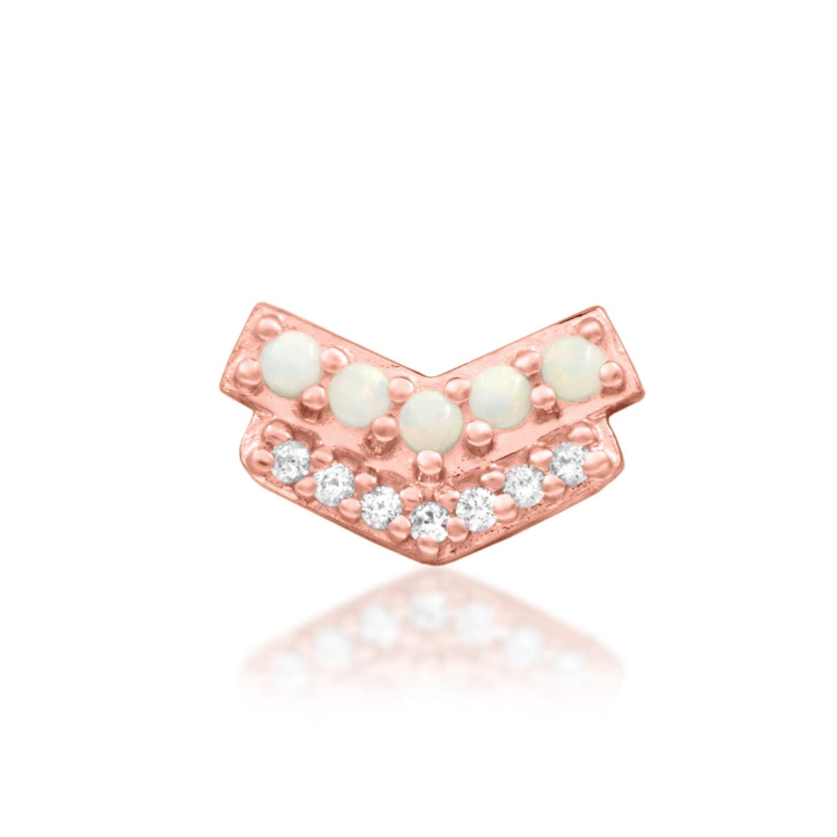 Junipurr Chevry 14k rose gold opal and cubic zirconia chevron threadless end, front view for curated ear styling