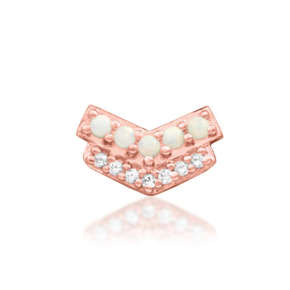 Junipurr Chevry 14k rose gold opal and cubic zirconia chevron threadless end, front view for curated ear styling