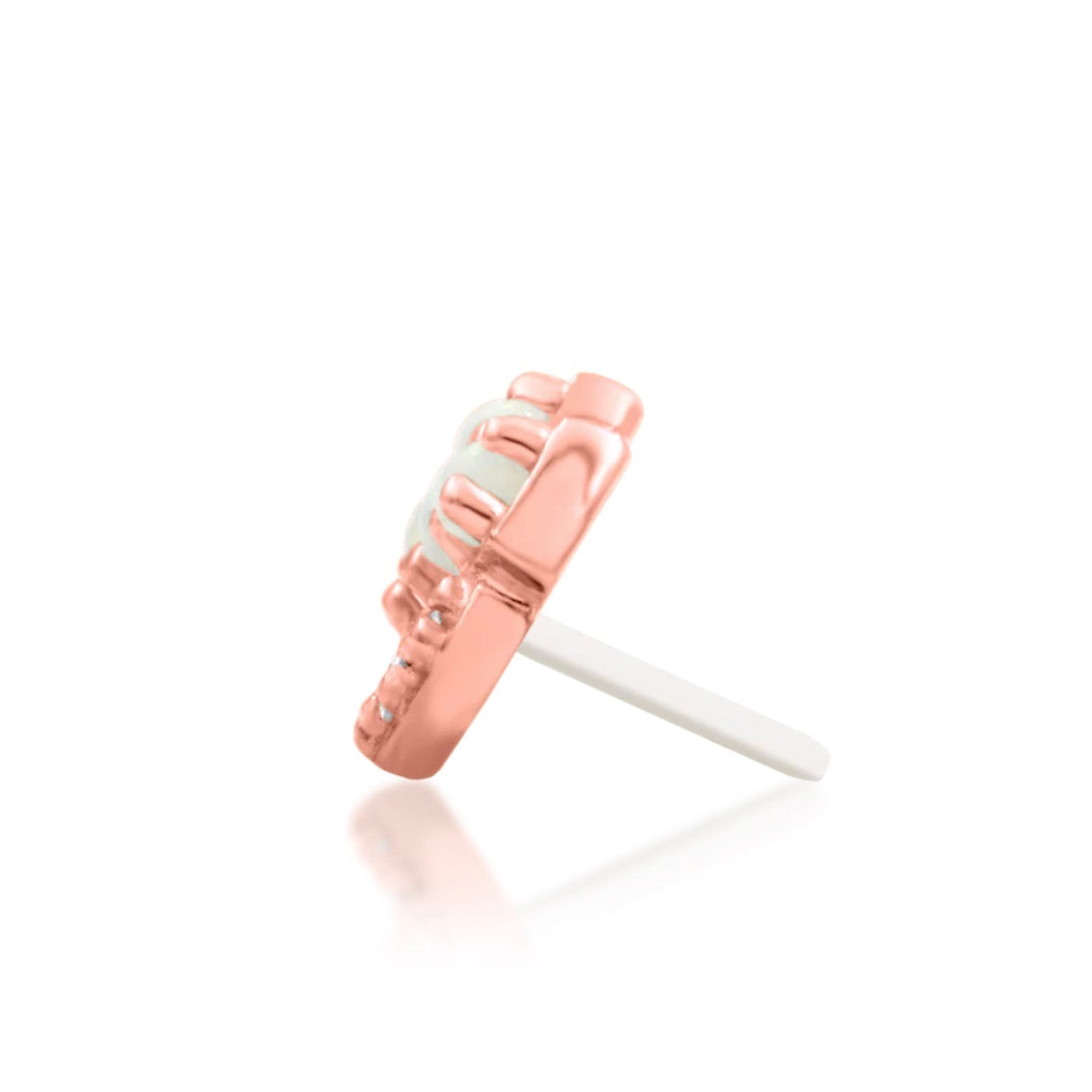  Side profile of Junipurr Chevry 14k rose gold threadless decorative end with luminous opal detailing