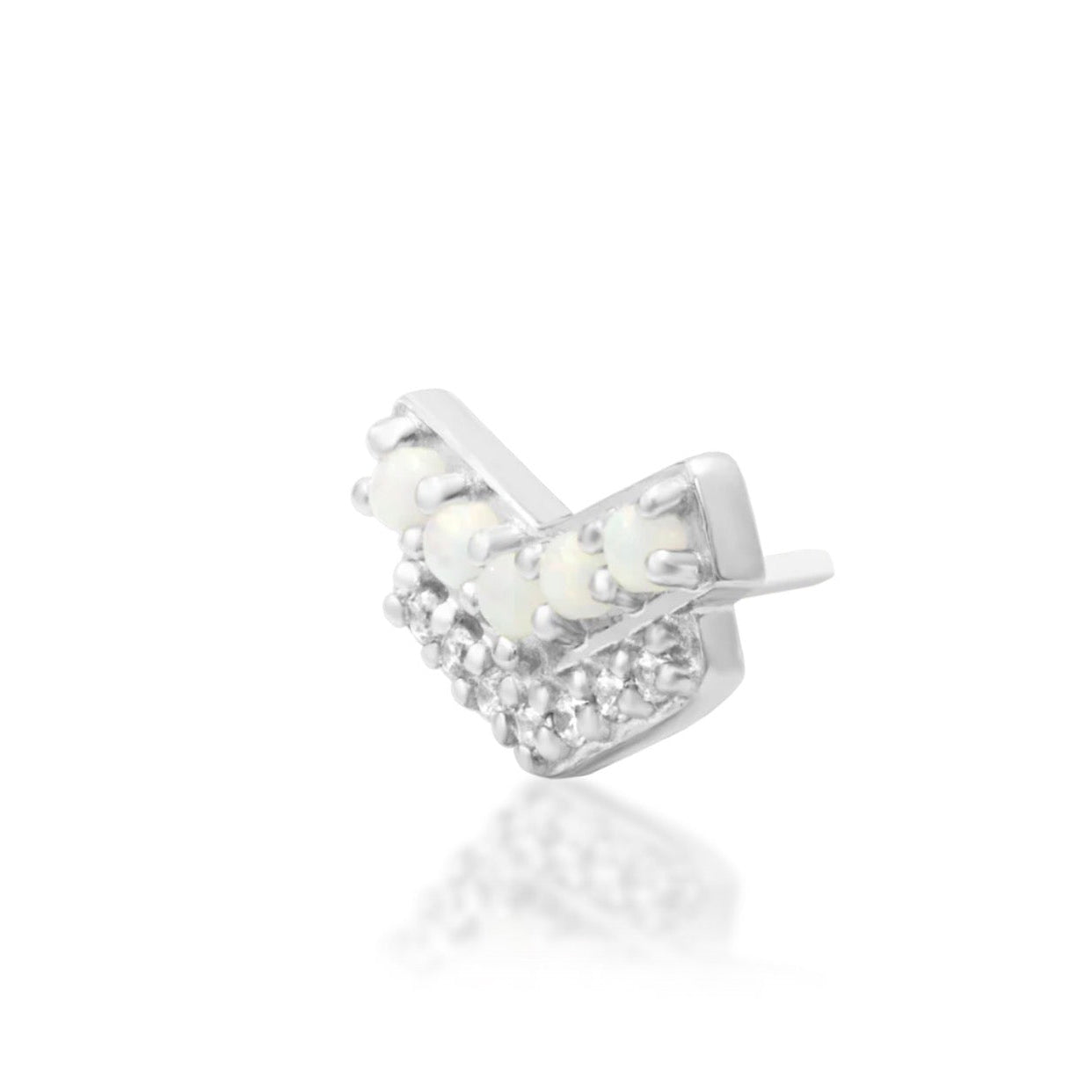 Junipurr Chevry 14k white gold opal and CZ threadless end angled view with refined geometric sparkle