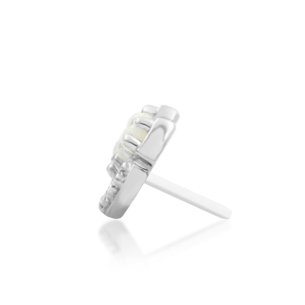 Side profile of Junipurr Chevry 14k white gold threadless decorative end with opal gemstone detailing